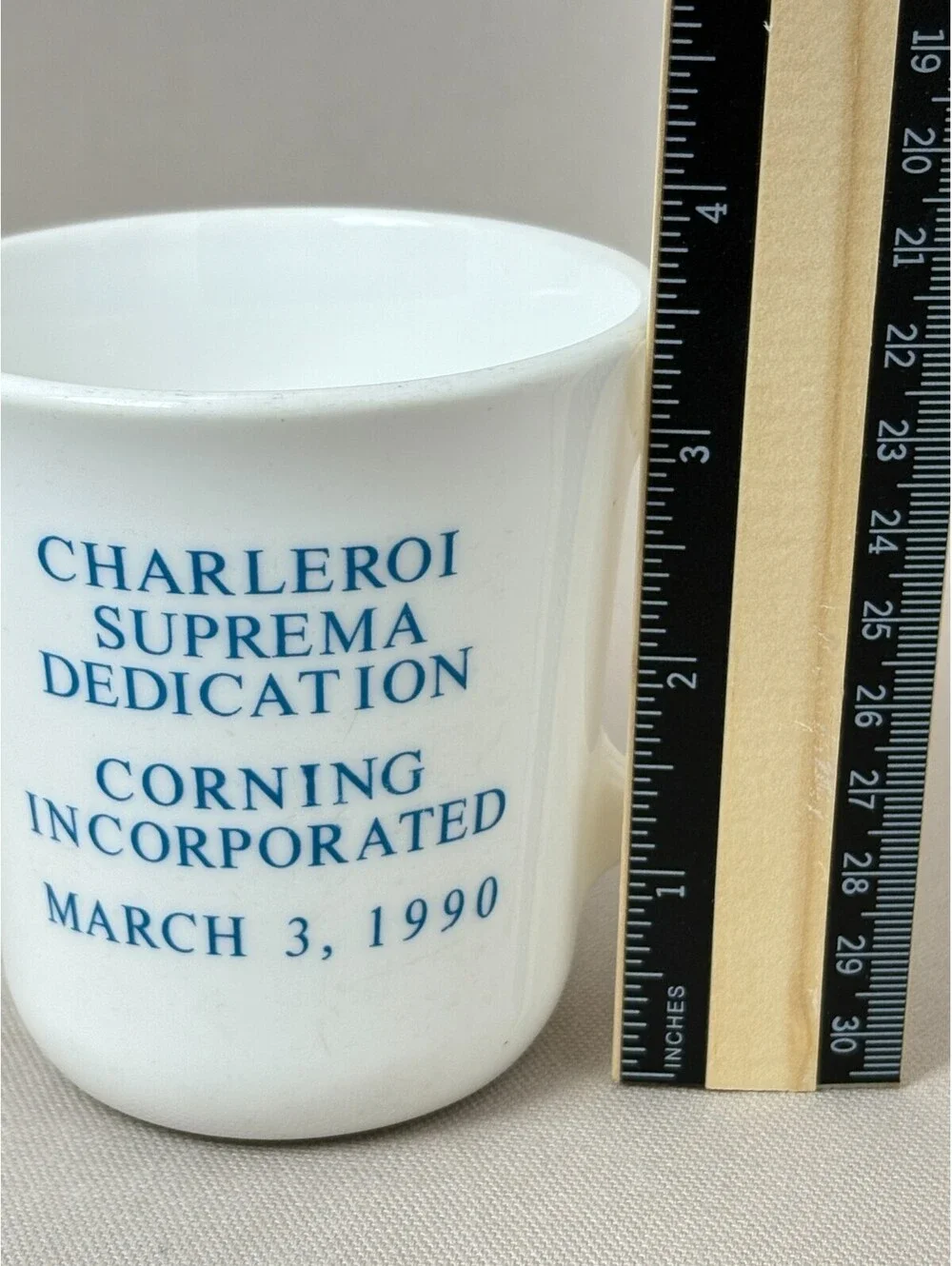 Vintage Corning Glass Mug Charleroi Suprema Dedication 1990 White Milk Glass